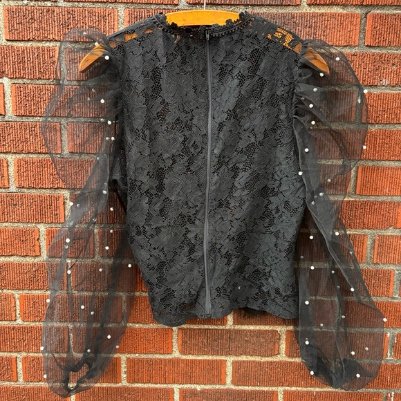 Black lace blouse with mesh sleeves pearl embellishment - Picture 5 of 7